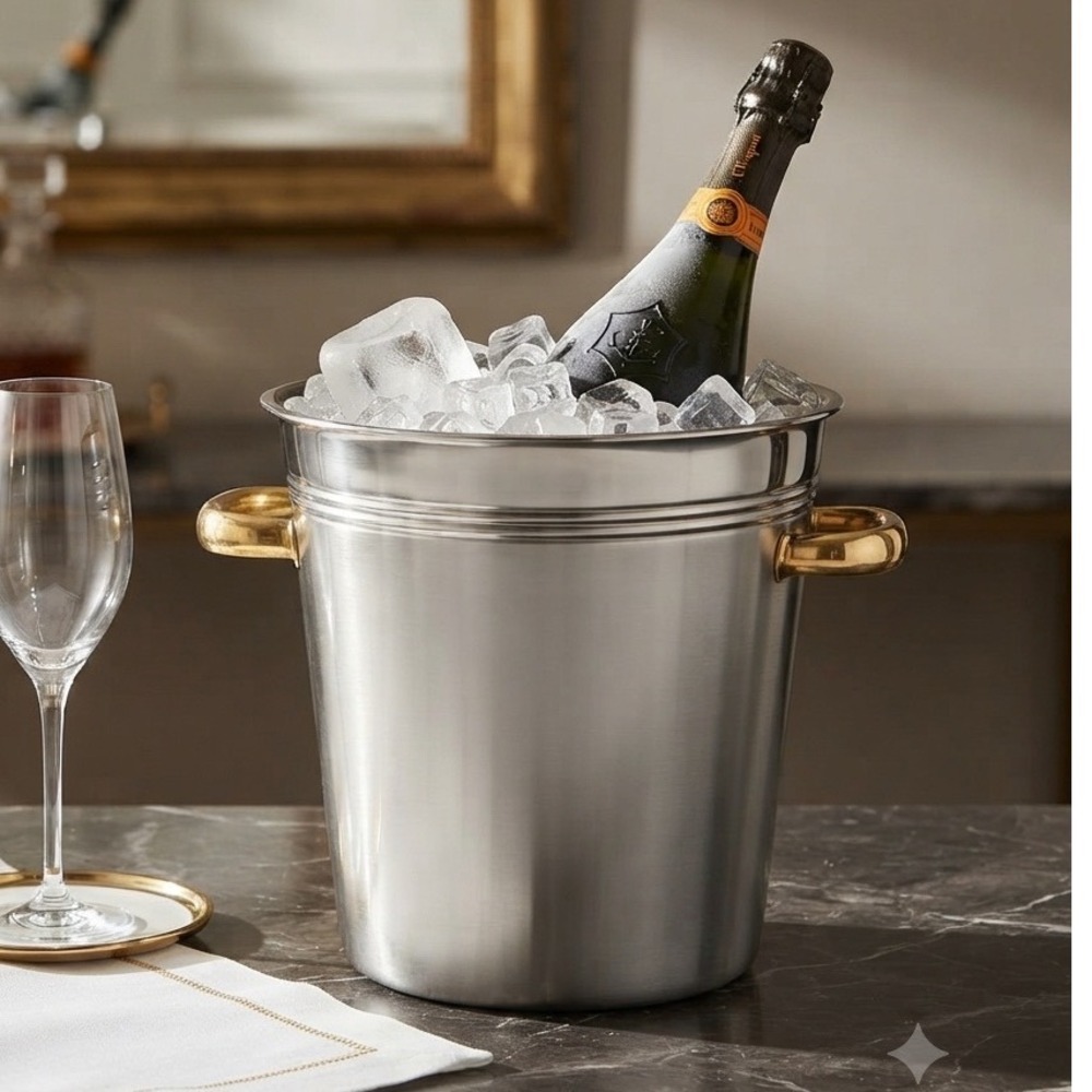 Vintage 18/10 Stainless Steel Champagne Ice Bucket Gold Handles Wine Chiller